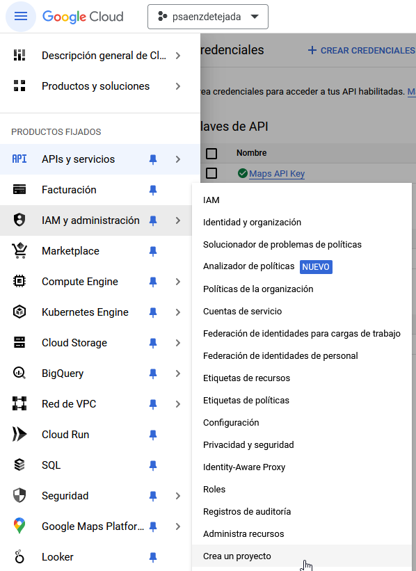 Menú para crear un nuevo proyecto en Google Cloud