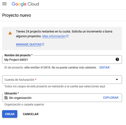 Opciones al crear un nuevo proyecto en Google Cloud