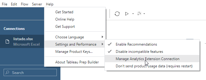 Configurar la extensión analítica de TabPy en Tableau Prep