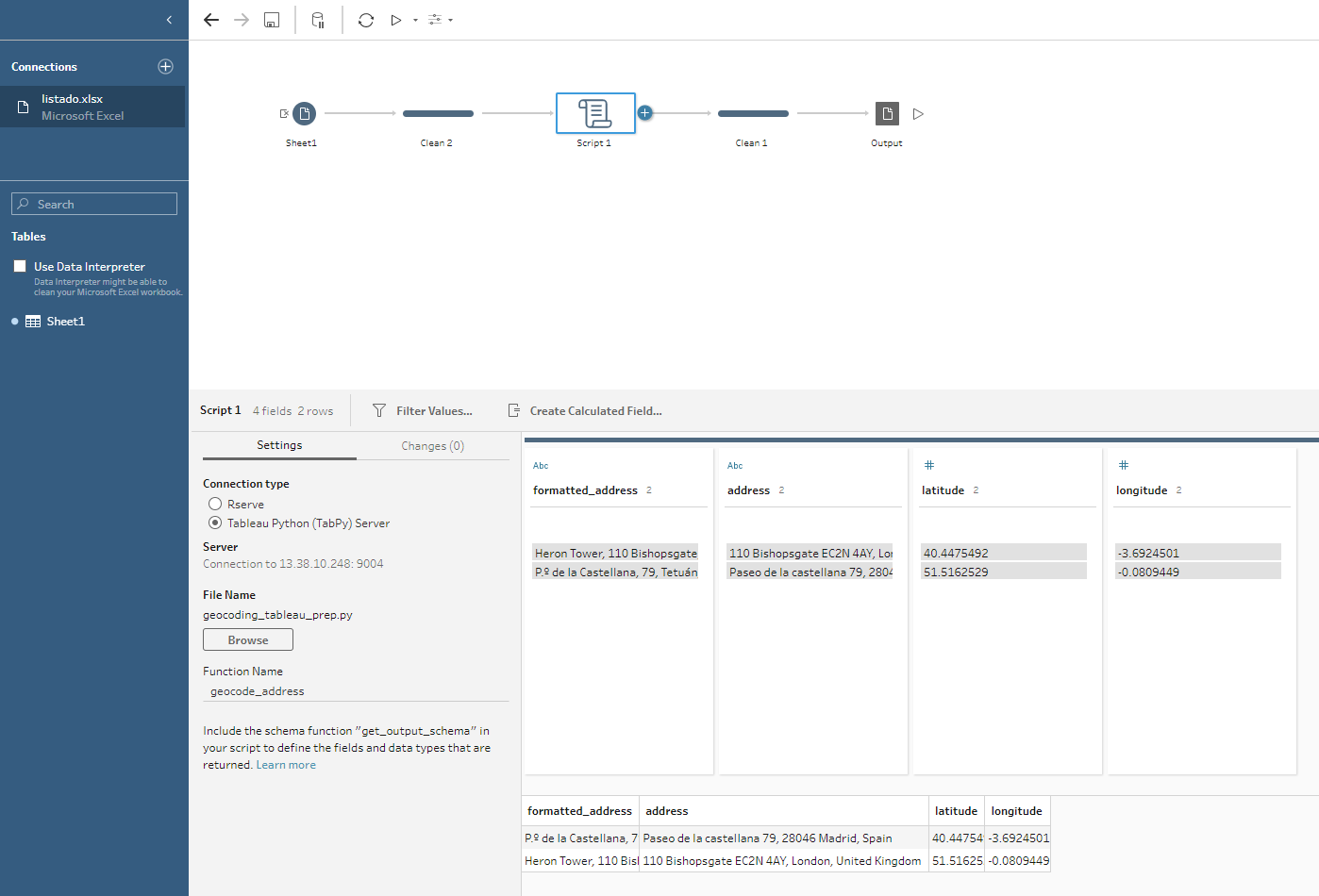 Script configuration and results in Tableau Prep